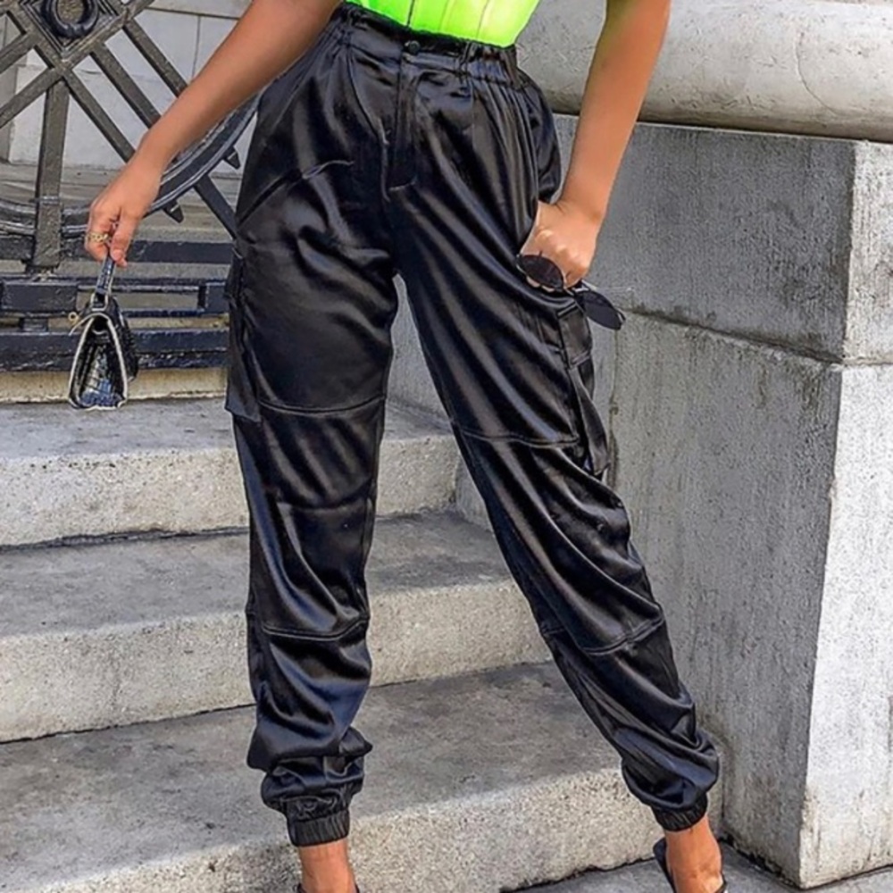 Black Satin Track Pant Joggers with Cargo Pockets and Elastic Waistband